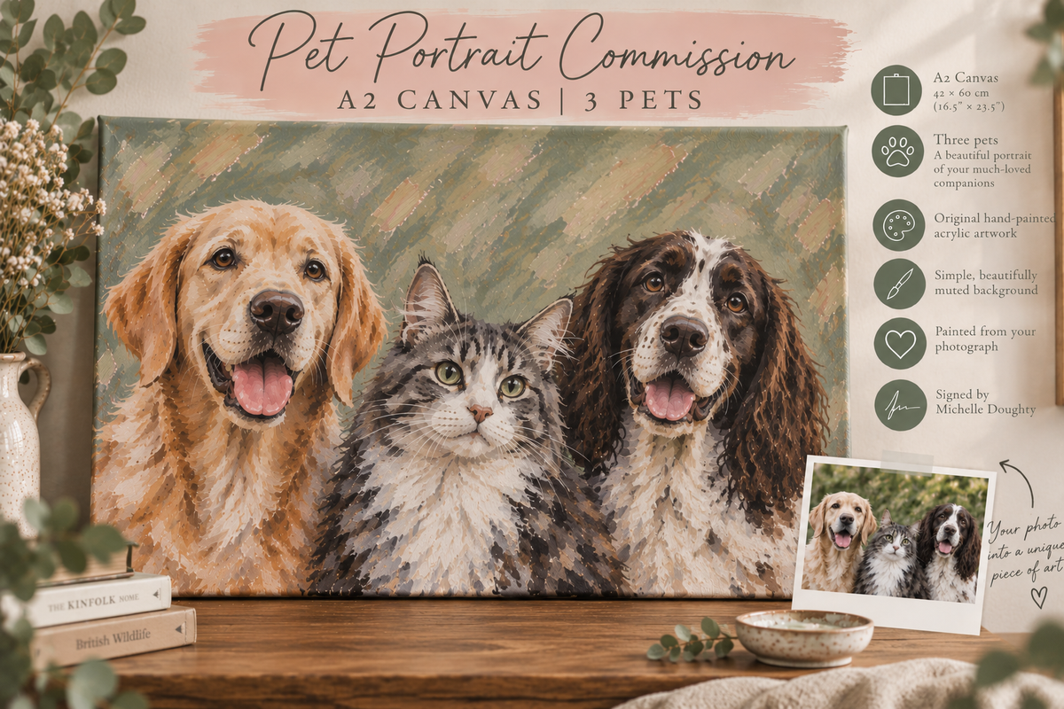 A2 Pet Portrait (3 Pets) - Original Acrylic Painting on A2 (42x60cm) Size Canvas