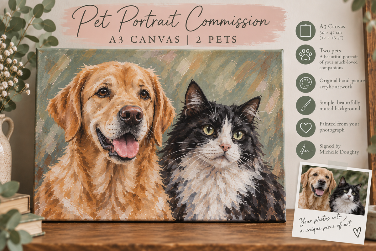 A3 Pet Portrait (2 Pets) - Original Acrylic Painting on A3 (30x42cm) Size Canvas